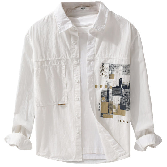 Herren Leichtes Baumwoll-Canvas-Overshirt mit abstraktem Frontprint und Doppelbrusttasche Nord Taschen