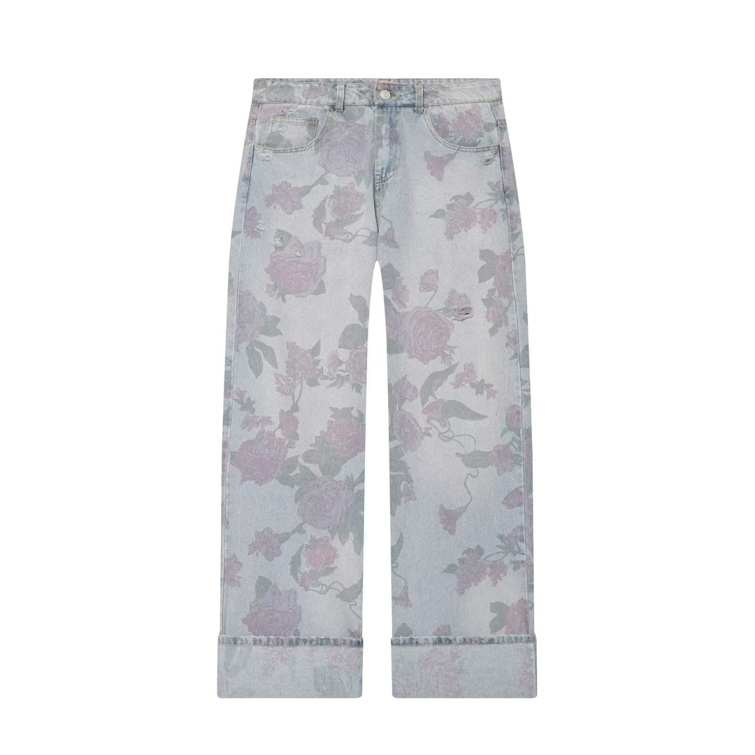 Damen Weite Blumenprint-Denimhose mit geradem Bein und Umschlag Nord Taschen