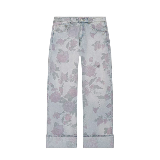 Damen Weite Blumenprint-Denimhose mit geradem Bein und Umschlag Nord Taschen