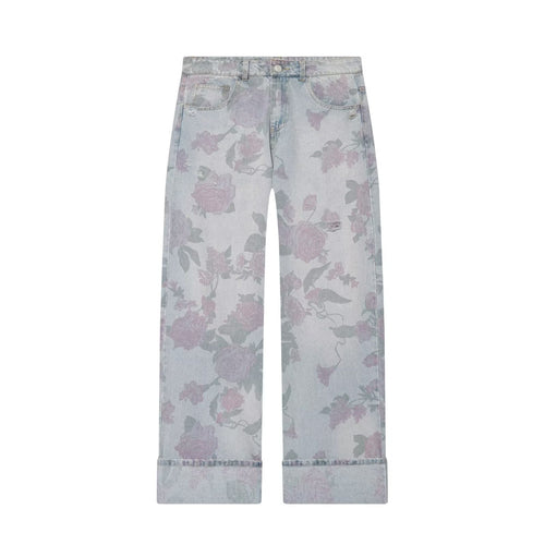 Damen Weite Blumenprint-Denimhose mit geradem Bein und Umschlag Nord Taschen