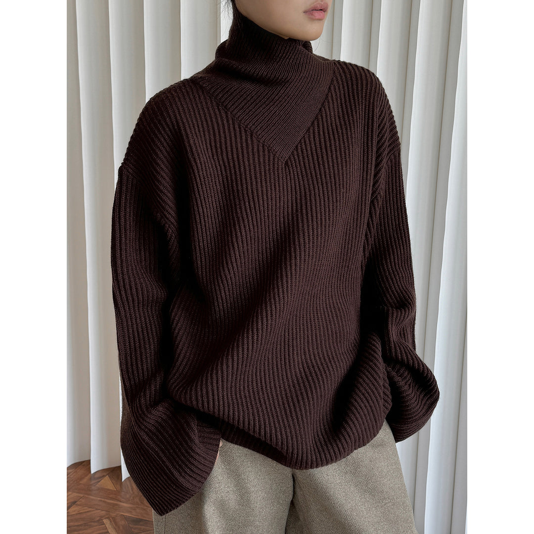 Damen Oversize Rippstrick-Rollkragenpullover mit V‑Passe Nord Taschen