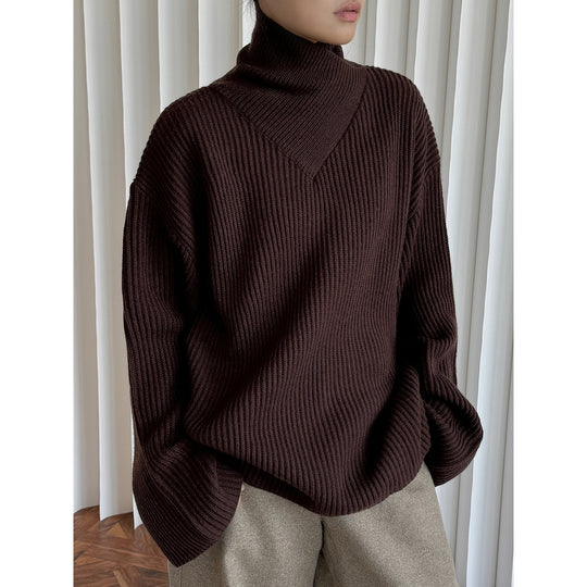 Damen Oversize Rippstrick-Rollkragenpullover mit V‑Passe Nord Taschen