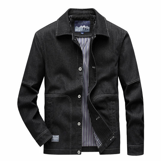 Herren Denim-Workerjacke mit geradem Schnitt, Kontrastnähten & gestreiftem Innenfutter Nord Taschen