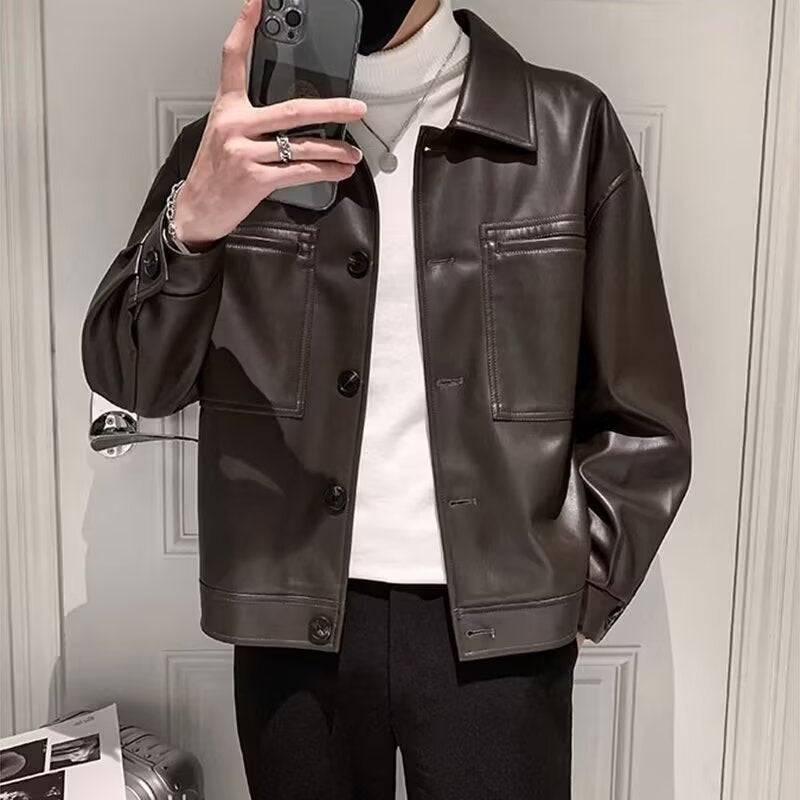 Herren Boxy Overshirt aus Lederoptik mit Hemdkragen und aufgesetzten Brusttaschen Nord Taschen