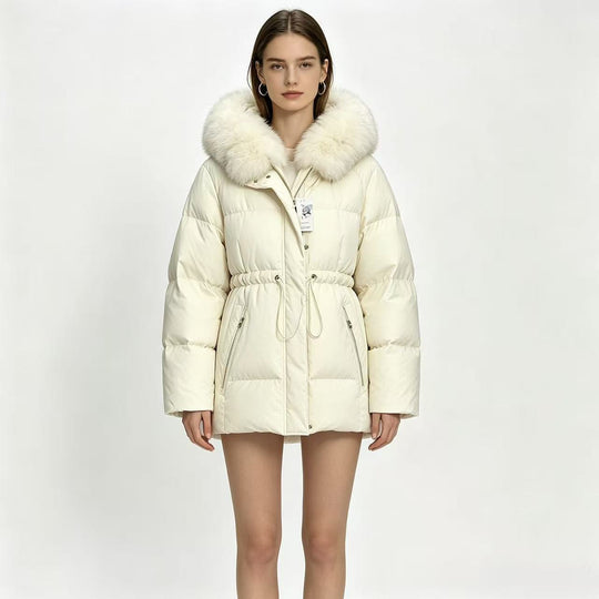 Damen nan kurze wattierte Steppjacke mit Kordelzugtaillierung und voluminösem Fellkragen Nord Taschen