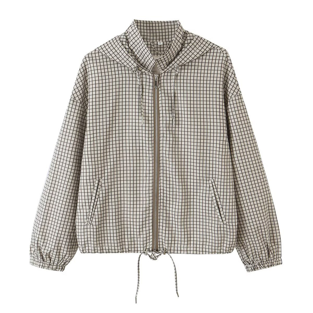 Damen Leichte Kapuzen-Boxy-Übergangsjacke mit Karo-Gitterprint, Tunnelzug und Elastikbündchen Nord Taschen
