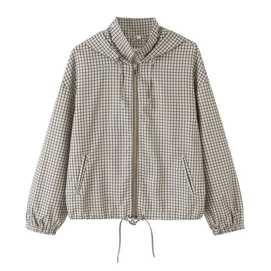 Damen Leichte Kapuzen-Boxy-Übergangsjacke mit Karo-Gitterprint, Tunnelzug und Elastikbündchen Nord Taschen