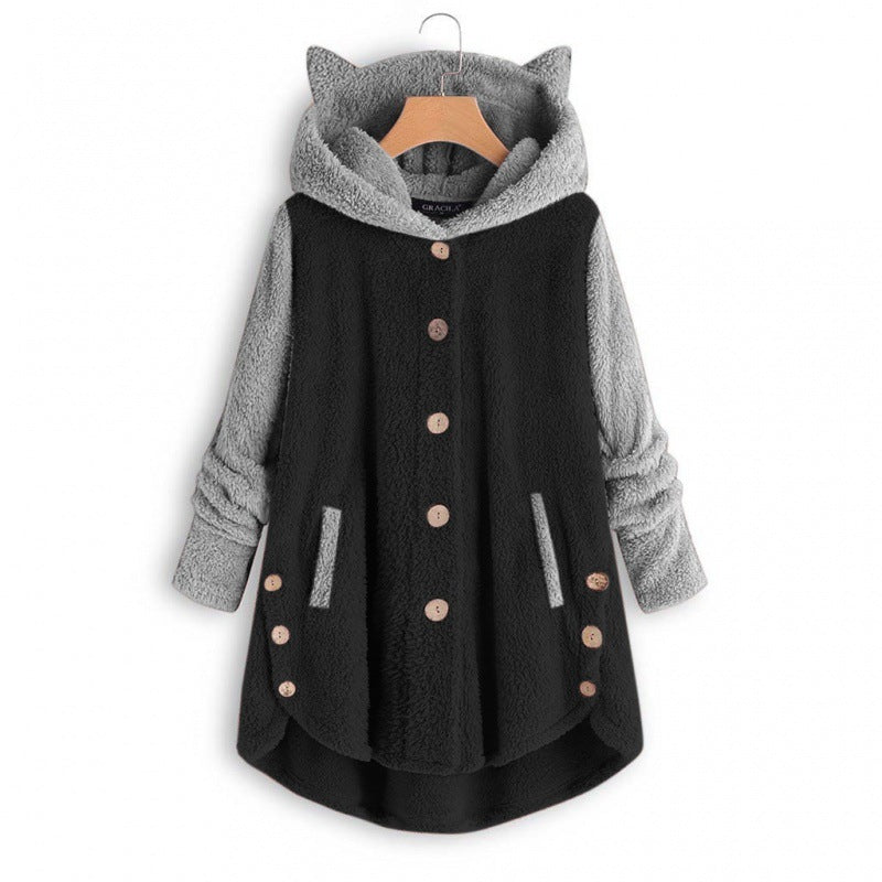 Damen Kuschelige Kapuzen‑Teddyjacke mit Katzenohren, Holzknopf‑Details und High‑Low‑Saum Nord Taschen