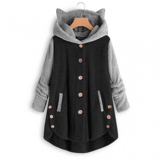 Damen Kuschelige Kapuzen‑Teddyjacke mit Katzenohren, Holzknopf‑Details und High‑Low‑Saum Nord Taschen