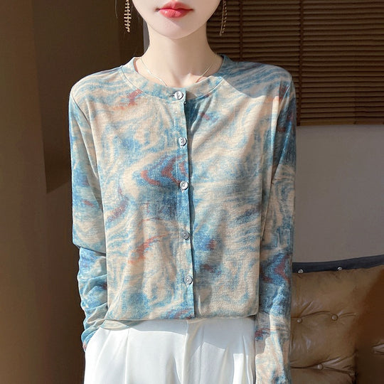 Damen Leichter Aquarell‑Print Feinstrick‑Cardigan mit Rundhalsausschnitt und Knopfleiste Nord Taschen