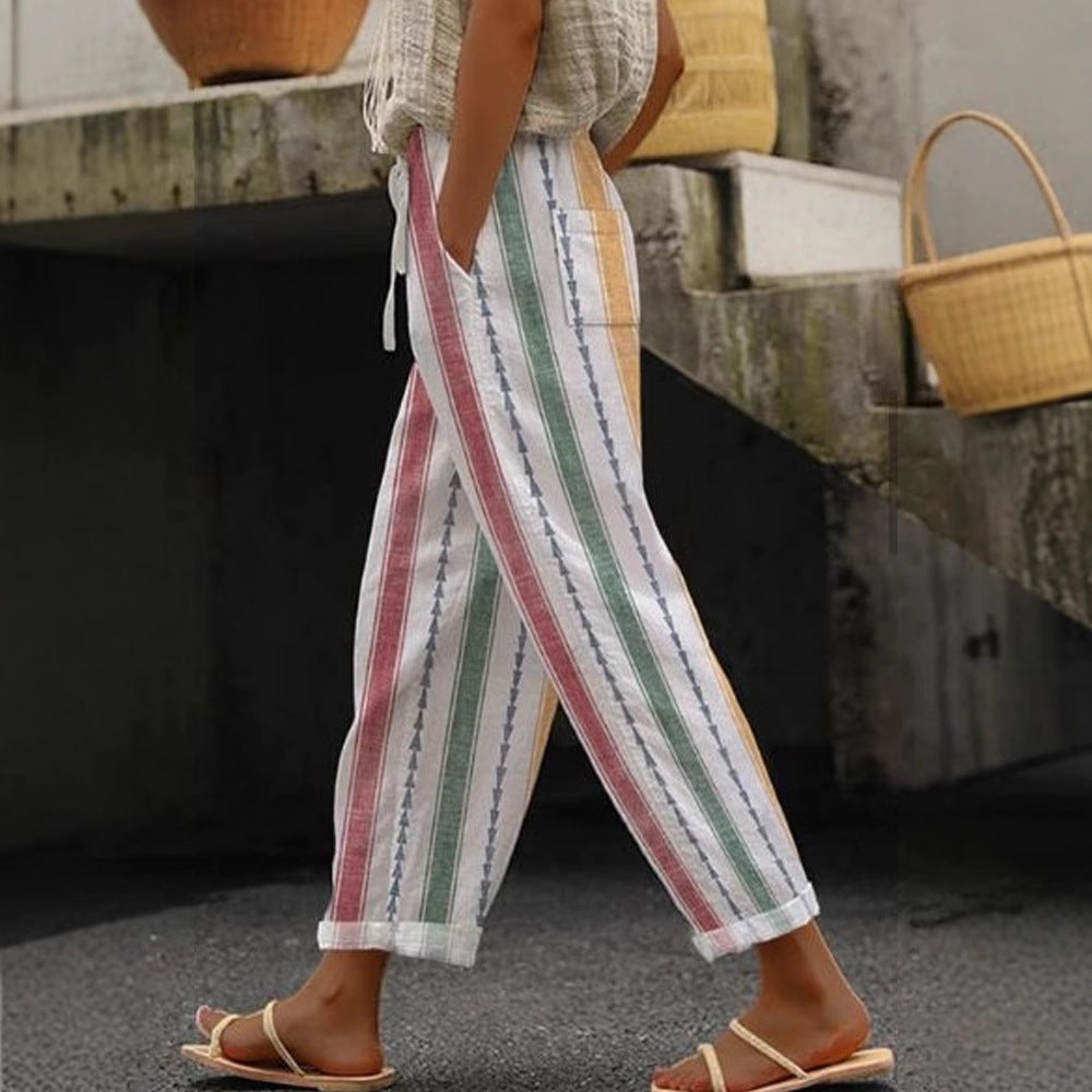 Damen Weite Leinenhose mit handgewNord Taschentem Muster