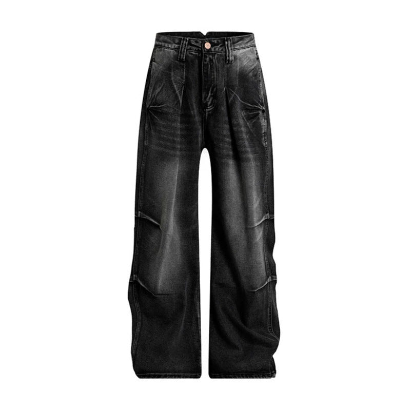 Damen High‑Waist Weite Denim‑Palazzo‑Jeans mit Cargo‑Paspeln und Used‑Waschung Nord Taschen