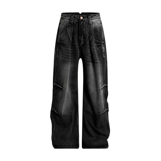 Damen High‑Waist Weite Denim‑Palazzo‑Jeans mit Cargo‑Paspeln und Used‑Waschung Nord Taschen