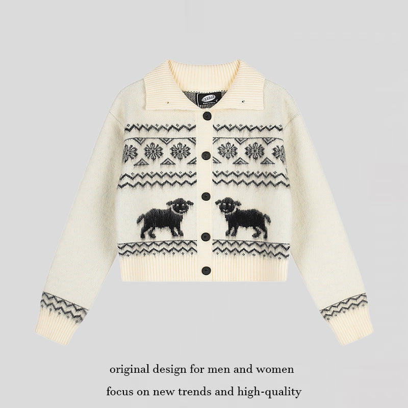 Damen Kurzgeschnittene Strickjacke im Norweger-Jacquard mit Reverskragen und Knopfverschluss Nord Taschen