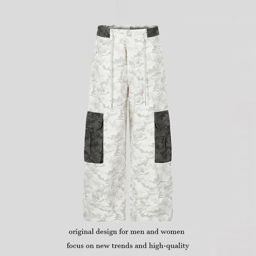 Damen Weite Cargo-Hose mit hohem Bund, Camouflage-Print und Kontrast-Taschen Nord Taschen