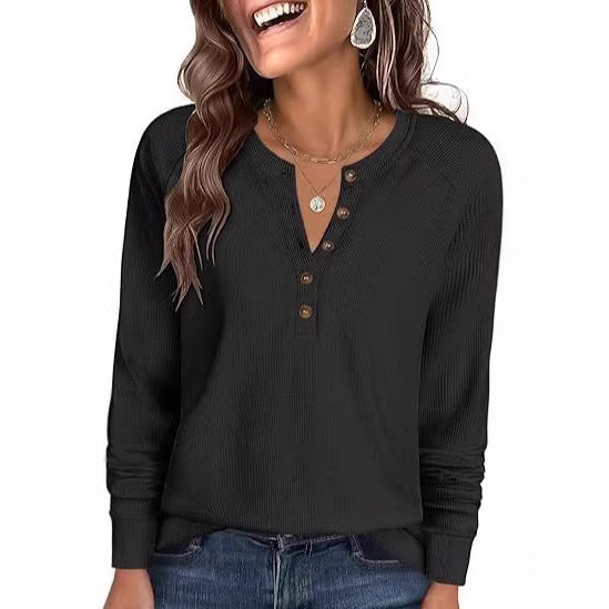 Damen Waffelstrick-Henley-Longsleeve mit Knopfleiste, Raglanärmeln und gerippten Bündchen Nord Taschen