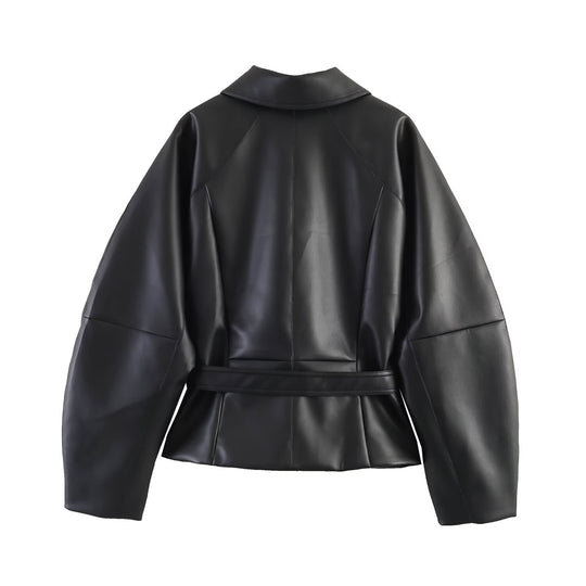 Damen Taillierte Veganleder‑Wickeljacke mit Tunnelzuggürtel und Oversize‑Ärmeln Nord Taschen