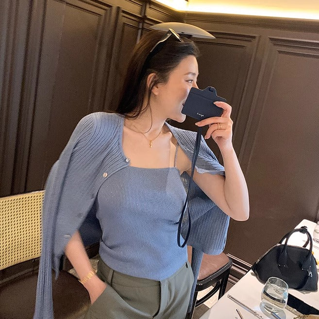 Damen Rippstrick-Twinset mit kurzem Cardigan und Feinstrick-Top Nord Taschen