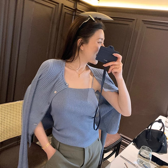 Damen Rippstrick-Twinset mit kurzem Cardigan und Feinstrick-Top Nord Taschen