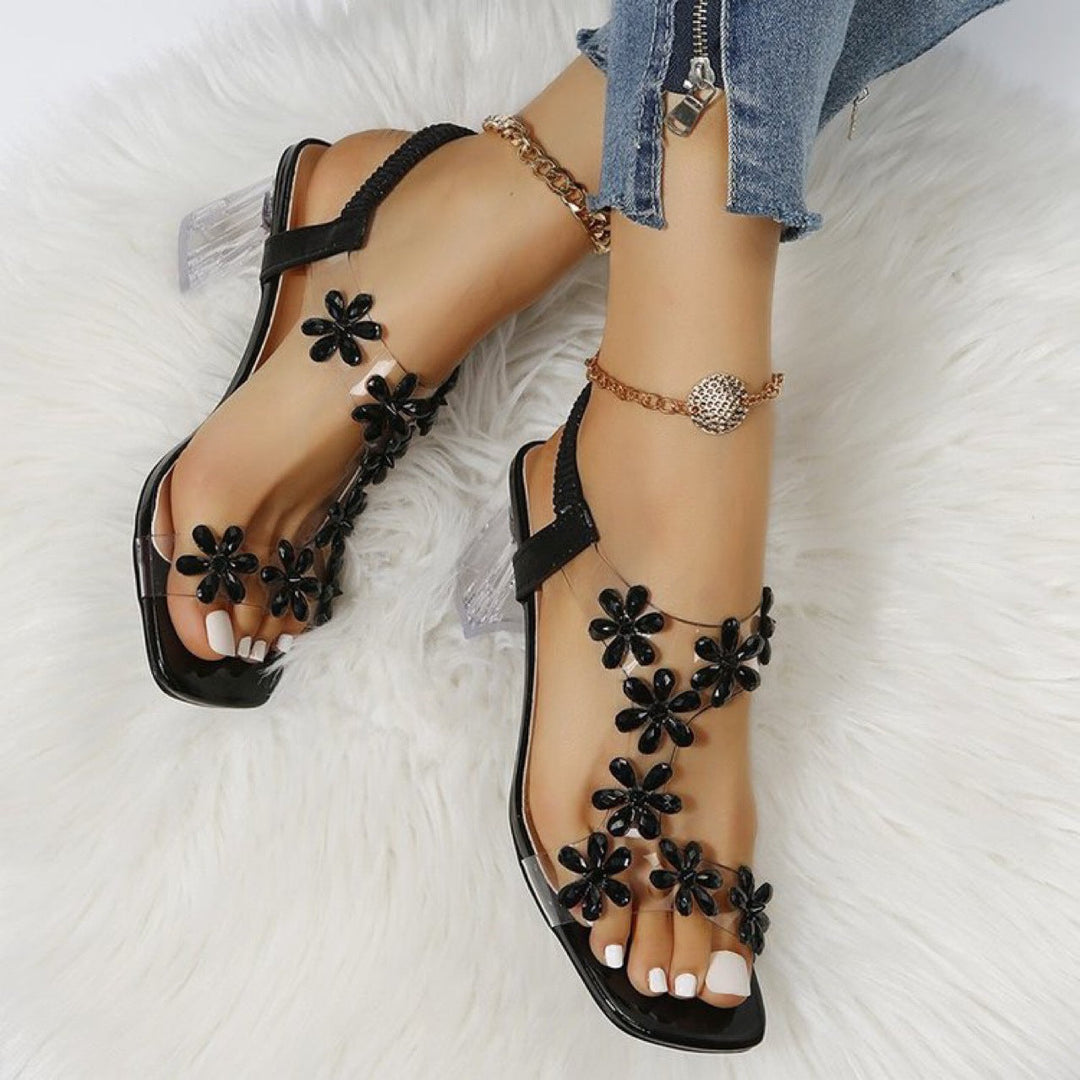 Damen Glamouröse Sandalen mit transparentem Blockabsatz und floralen Akzenten Nord Taschen