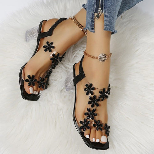 Damen Glamouröse Sandalen mit transparentem Blockabsatz und floralen Akzenten Nord Taschen