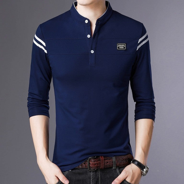 Herren Slim-Fit Langarm-Henley mit Stehkragen und Schulterstreifen Nord Taschen