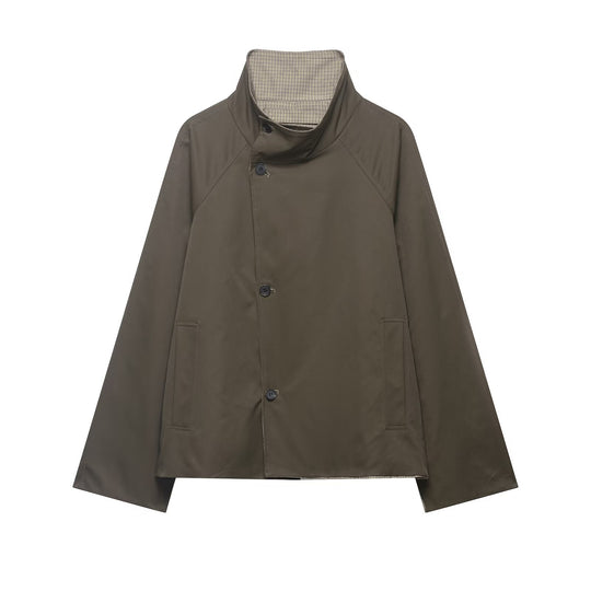 Herren Kurze wasserabweisende Übergangsjacke mit hohem Stehkragen, asymmetrischer Knopfleiste und Raglanärmeln Nord Taschen