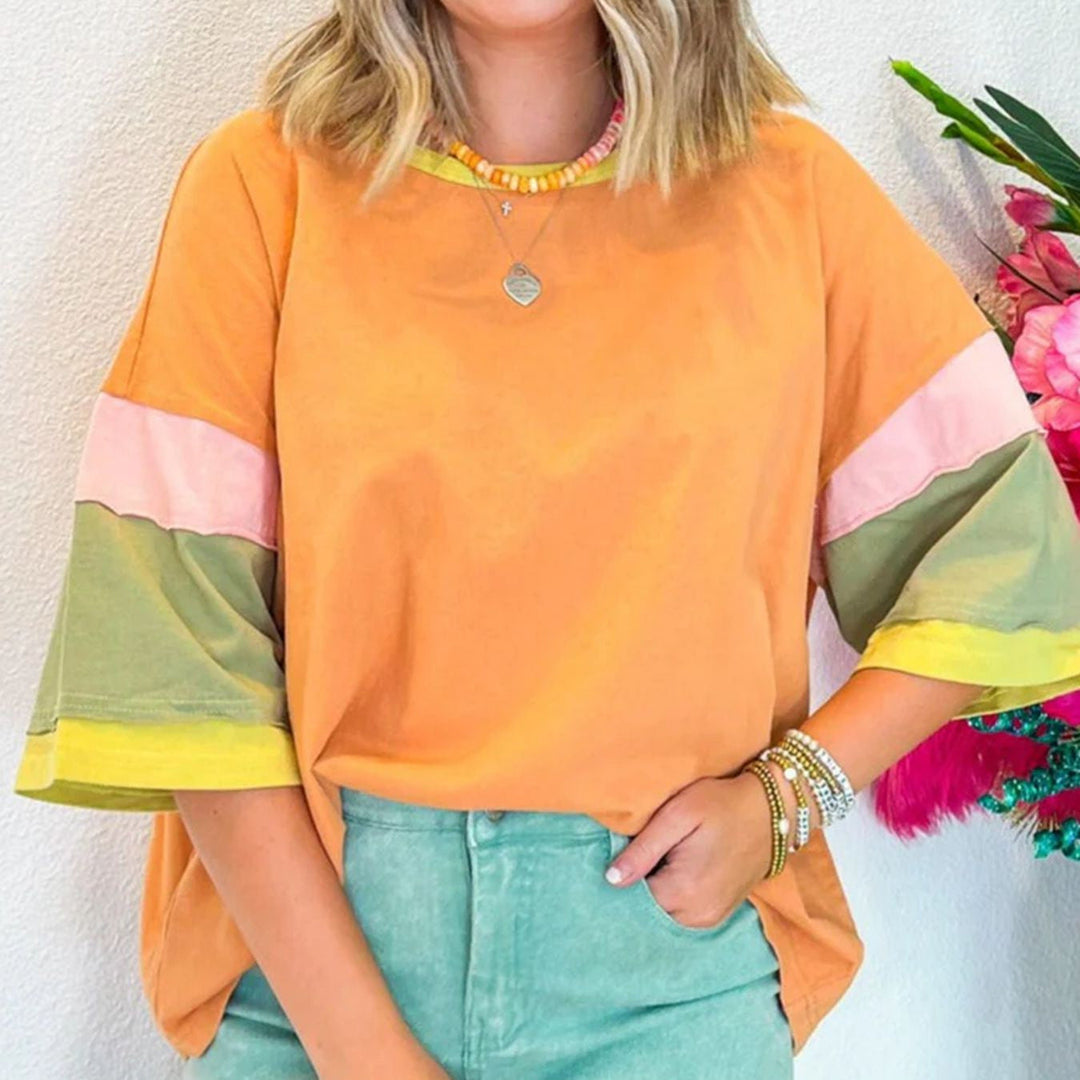 Damen lässiges T-Shirt mit farbenfrohen Ärmeln und weitem Schnitt