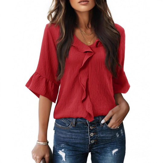 Damen Luftiges Blusenshirt mit Rüschendetails und V-Ausschnitt