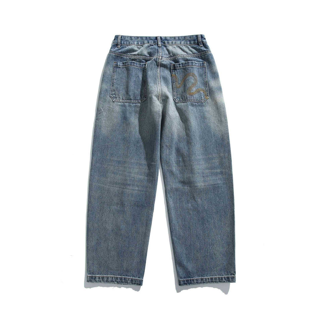 Damen Hochtaillierte lockere Jeans mit Used‑Effekt und Farb‑Splatter Nord Taschen