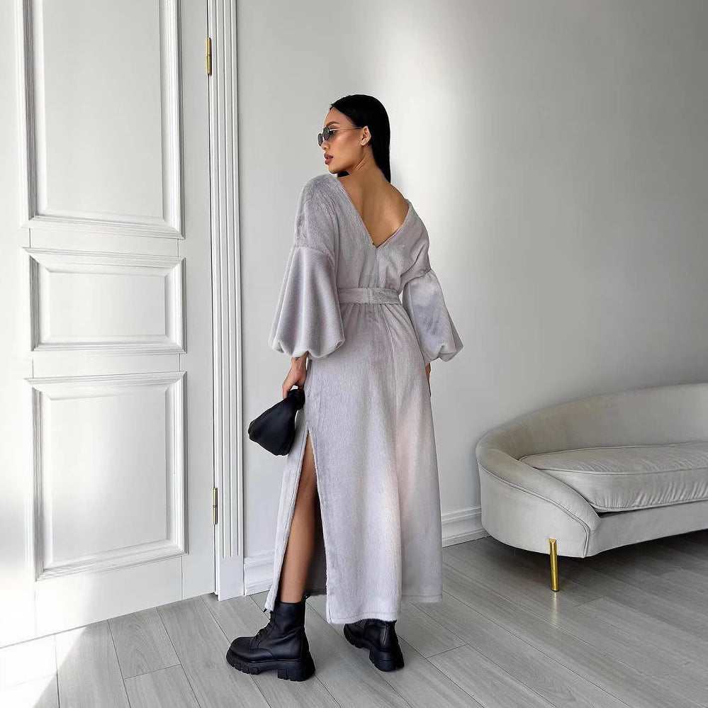 Damen Kuschel-Midikleid mit Bindegürtel und Ballonärmeln Nord Taschen
