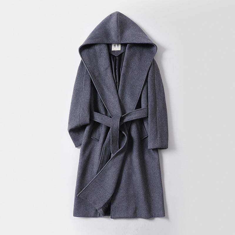 Damen Maxilanger Kapuzenmantel aus Wollmix mit Bindegürtel und weichem Innenfutter Nord Taschen