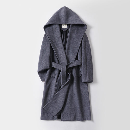 Damen Maxilanger Kapuzenmantel aus Wollmix mit Bindegürtel und weichem Innenfutter Nord Taschen