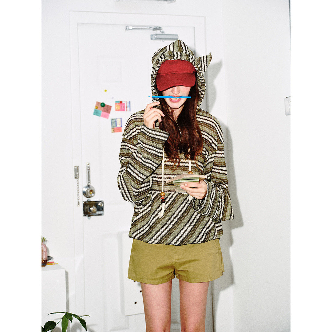 Damen Strick‑Kapuzenpullover mit Katzenohren und Kängurutasche Nord Taschen