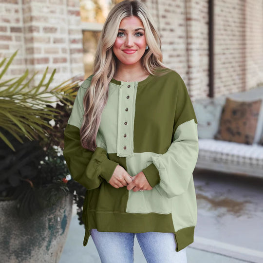 Damen Oversize-Longsleeve-Sweatshirt im Colorblock mit Henley-Knopfleiste und Ballonärmeln Nord Taschen