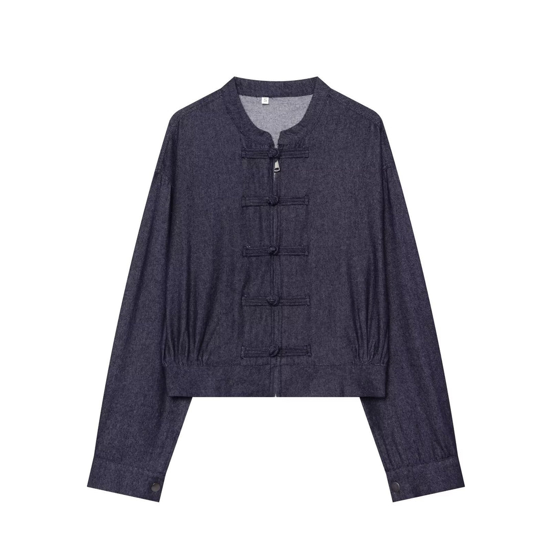 Damen Cropped Jeansjacke im China‑Stil mit Mandarinkragen und Knotenverschlüssen Nord Taschen