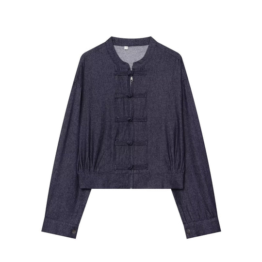 Damen Cropped Jeansjacke im China‑Stil mit Mandarinkragen und Knotenverschlüssen Nord Taschen