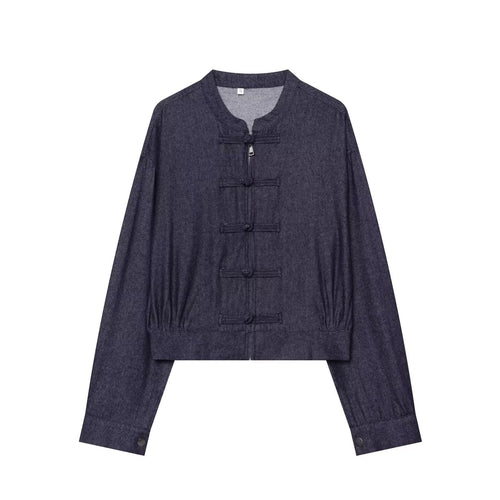 Damen Cropped Jeansjacke im China‑Stil mit Mandarinkragen und Knotenverschlüssen Nord Taschen