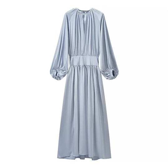 Damen Midaxi-Kleid aus Satinoptik mit geraffter Taillenblende und voluminösen Ballonärmeln Nord Taschen