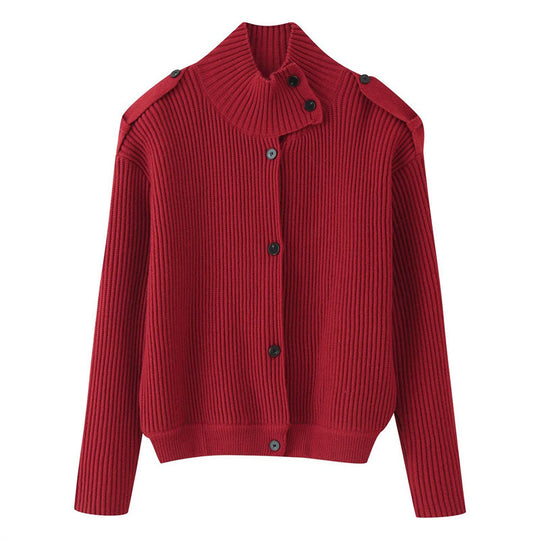 Damen Gerippter Strickcardigan mit Stehkragen und Schulterknopf-Detail Nord Taschen