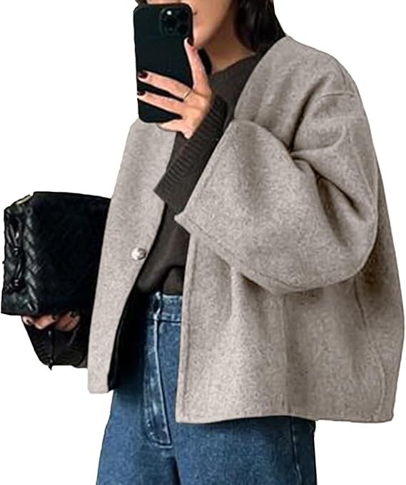 Damen Kurz geschnittene Oversize Wolljacke mit kastigem Schnitt und Ein-Knopf-Verschluss Nord Taschen