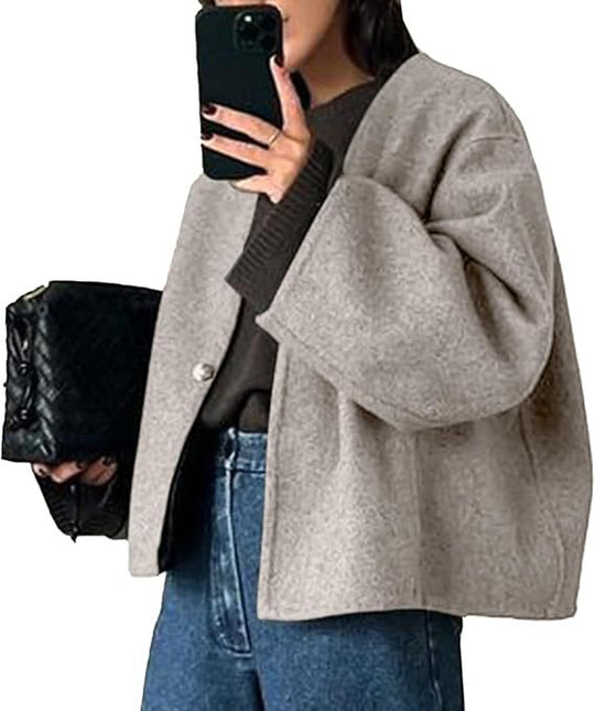 Damen Kurz geschnittene Oversize Wolljacke mit kastigem Schnitt und Ein-Knopf-Verschluss Nord Taschen