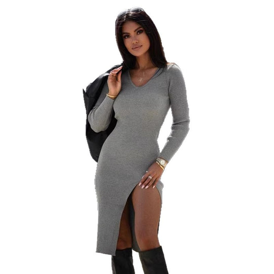Damen Elegantes Strickkleid mit Schlitz Nord Taschen