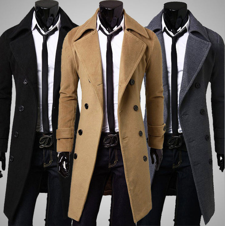 Herren taillierter zweireihiger Trenchcoat aus Wollmix mit klassischem Revers und Rückenschlitz Nord Taschen