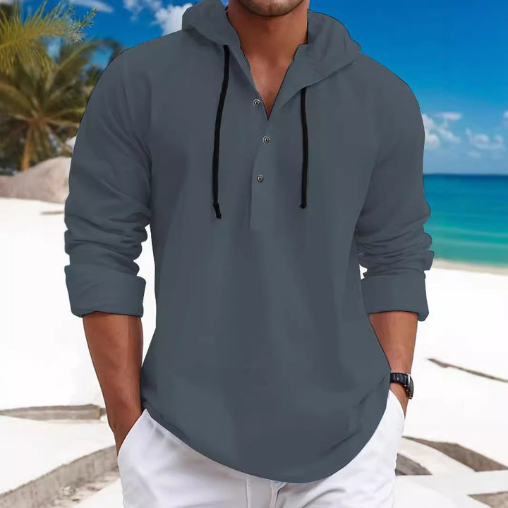 Herren nan sommerliches Hoodie-Henley mit verdeckter Knopfleiste, Kordelzug und gerundetem Saum