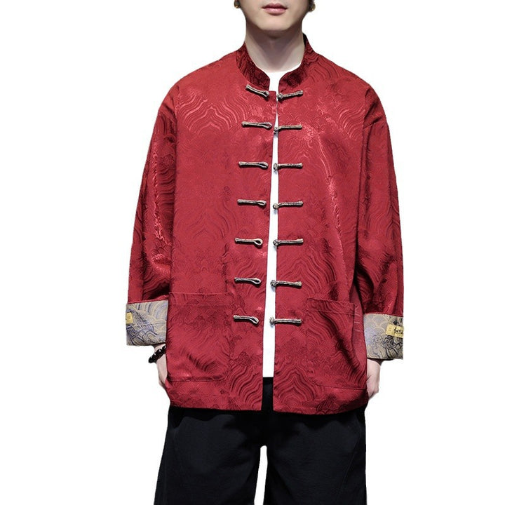 Herren traditionelle Tangjacke mit chinesischem Knotenverschluss und Brokatärmeln Nord Taschen