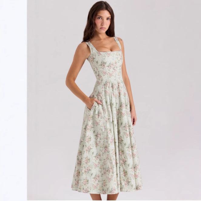 Damen Floral Maxikleid mit schmalen Trägern und seitlichen Taschen Nord Taschen