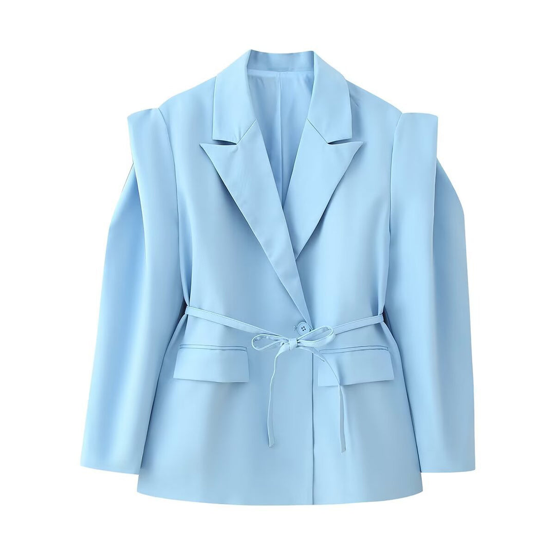 Damen Schulterfreier Blazer mit Taillengürtel und Pattentaschen Nord Taschen