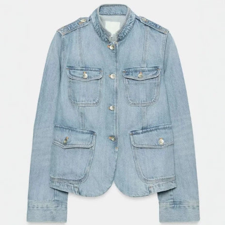 Damen Jeansjacke im Utility-Look mit Stehkragen, Pattentaschen und Schulterpatten Nord Taschen