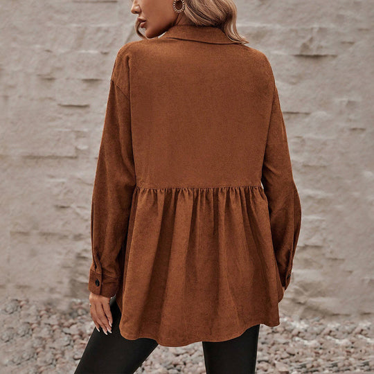 Damen Cord-Peplum-Bluse mit Hemdkragen aufgesetzten Brusttaschen und durchgehender Knopfleiste Nord Taschen